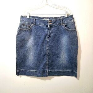 Roots 73 Sz 10/30 Denim Midi Skirt Side Slit 90s Y2K Belt Tab Zipper Skirt